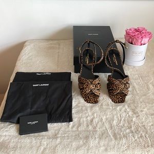 Saint Laurent Leopard Print Tribute Ankle Strap Sandler in size 38 1/2, 8 1/2